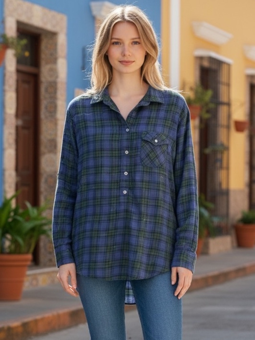 J. Crew metallic gold thread plaid half button down shirt l